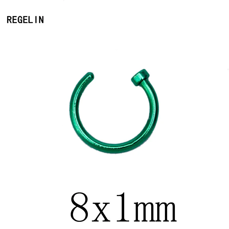 green 8x1mm REGELIN 10 шт./лот Титан кольца в нос клип на ухо губ пупка тела Имитация пирсинга пирсинг для носа Jewelry Для женщин пирсинг Nariz - Окраска металла: green 8x1mm