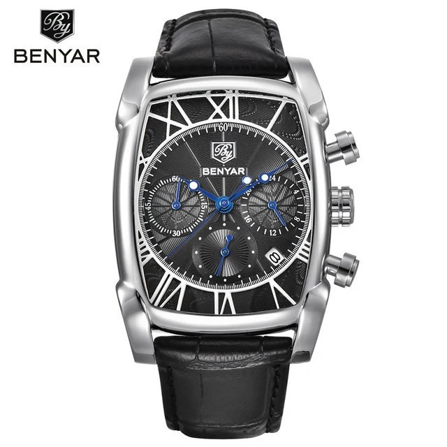 Silver black Топ люксовый бренд мужские s часы BENYAR кварцевые Бизнес наручные часы мужские модные спортивные водонепроницаемые хронограф Relogio Masculino - Цвет: Silver black
