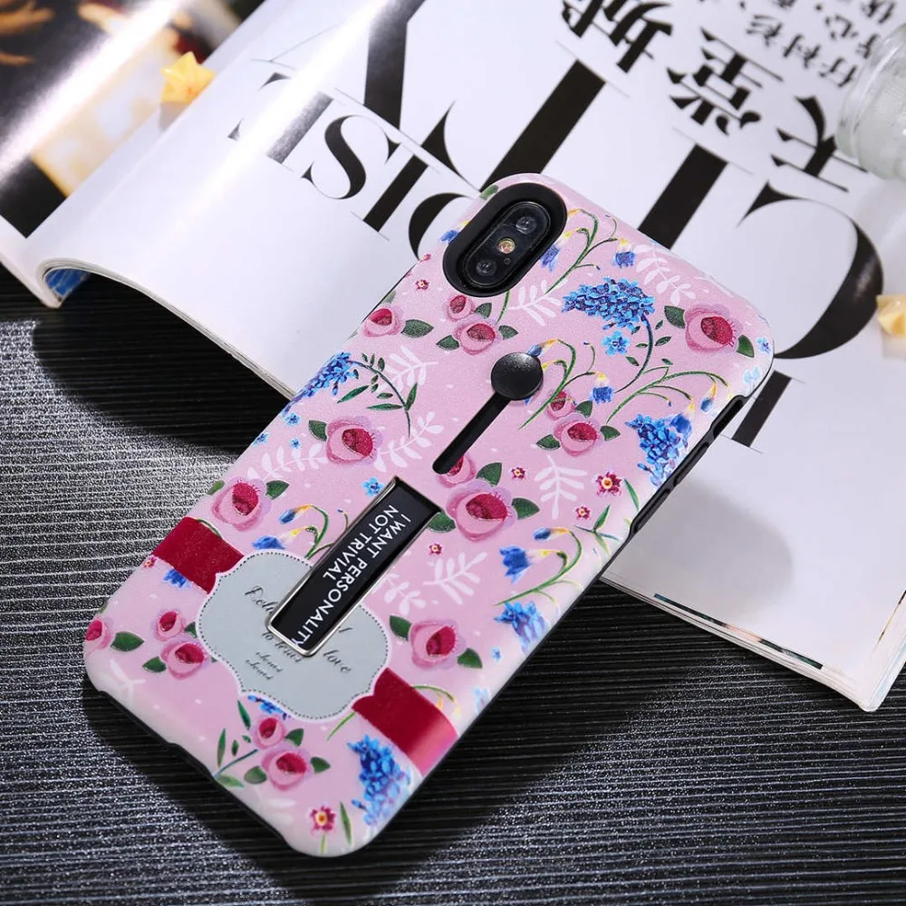 IMIDO Flower Painted Phone Case For iPhone 7 Plus Hide Ring Stand Holder Back Cover X XR XS MAX 8 6 6S Coque |