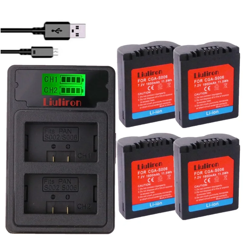 charger and 4battery CGA-S006 S006 DMW-BMA7 S006A CGR-S006E Батарея+ ЖК-дисплей двойной Зарядное устройство для цифрового фотоаппарата Panasonic Lumix DMC-FZ7 FZ8 FZ18 FZ28 FZ30 FZ35 FZ38 FZ50 - Цвет: charger and 4battery