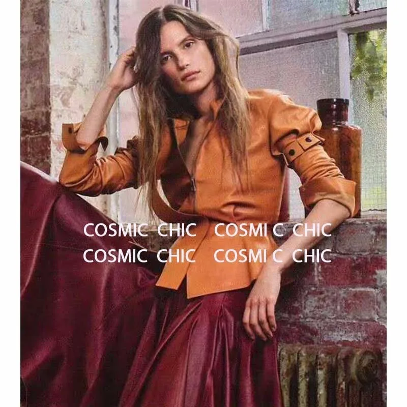 Cosmicchic Женская куртка из натуральной овчины со стоячим воротником с длинным рукавом, высокое качество, подиумная Элегантная куртка из овчины