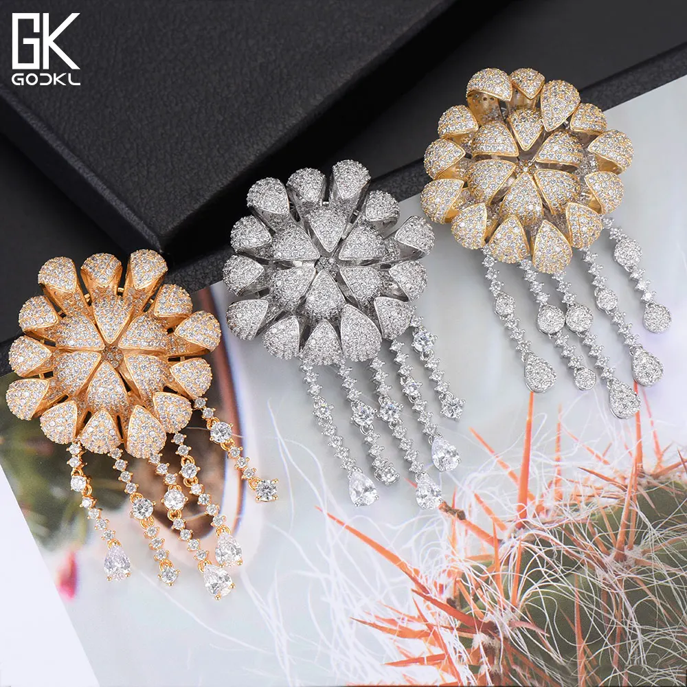 GODKI Luxury Daisy Flower Nigerian Tassels Long Dangle Earrings For Women Zircon Crystal African Indian Dubai Bridal Earring | Украшения и