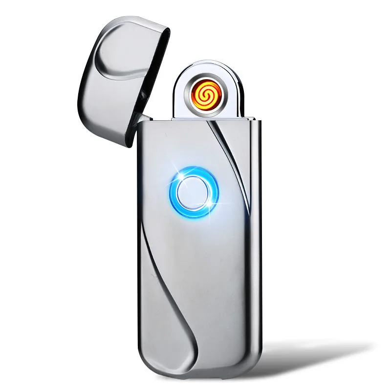 High-end small gift button LED light fingerprint touch USB charging lighter metal windproof two-sided ignition | Дом и сад