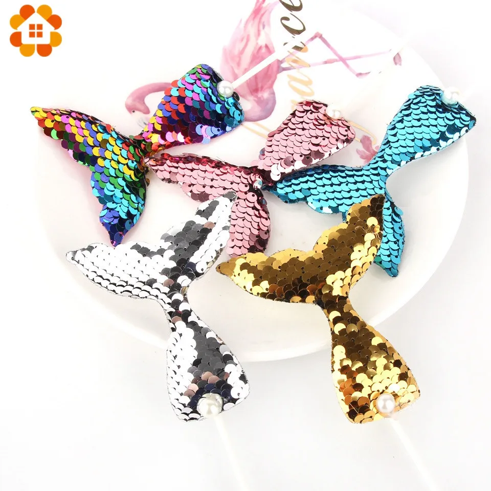 7Set/Lot Birthday Cake Toppers Cute Glisten Mermaid Theme Party Cupcake Decoration Tail Sequins Pearl Fashion Supplies | Дом и сад