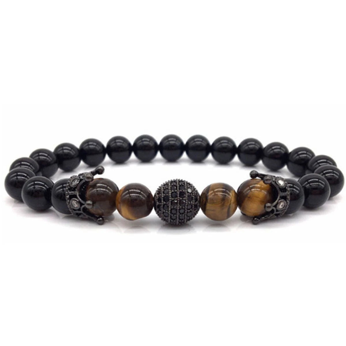 New Trendy Pave CZ King Crown Charm Bracelets Elasticity Adjust Size Men Natural Matte Onyx Stone Beads For Women Jewelry|Плетеные