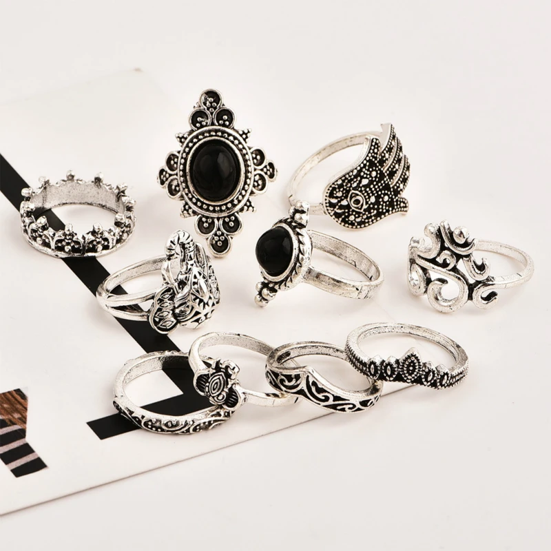 Bohemian Ring Retro Female Animal Palm Openwork Carved Black Imitation Gem Joint Set Of 10 Wholesale Popular | Украшения и