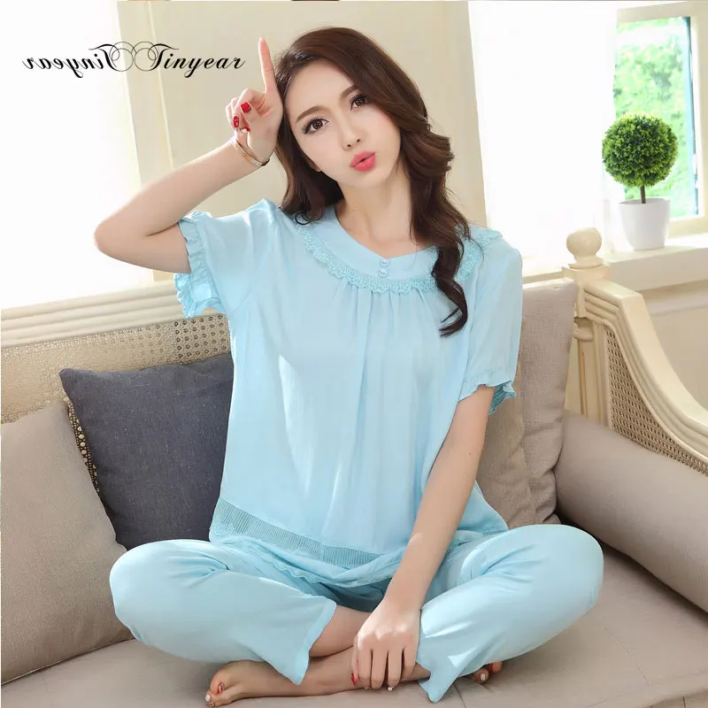 Sexy fashion cotton womens pajama embroidery floral round neck short sleeve large size sets homewear 3 colors | Женская одежда