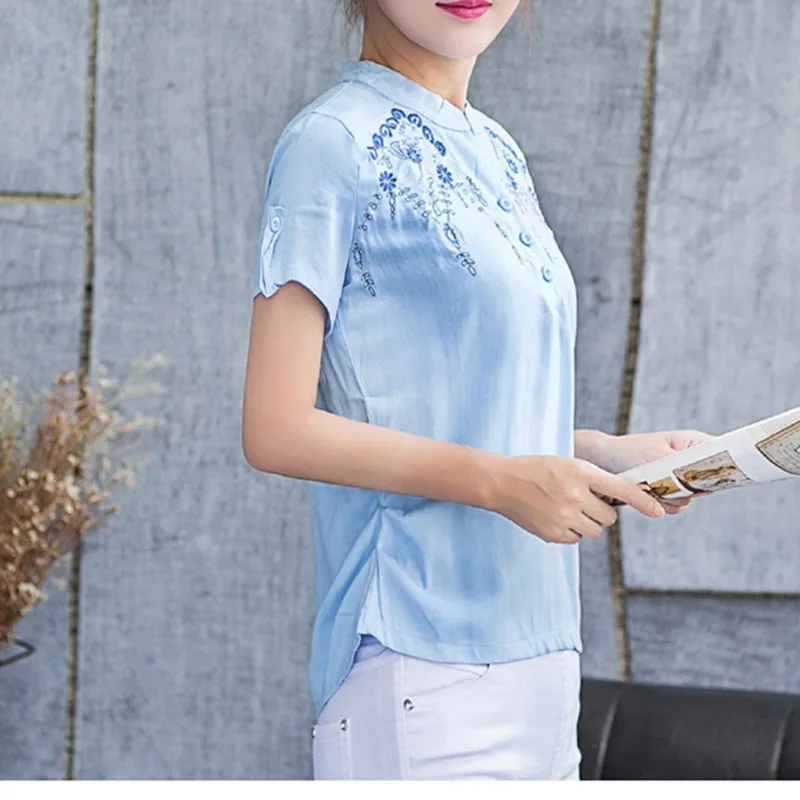 Элегантная очаровательная облегающая женская блузка с вышивкой и коротким