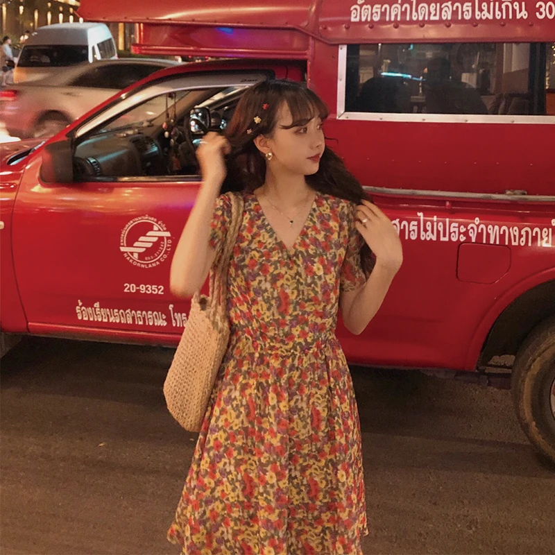 2019 новый летний халат женские с завышенной талией ins Феи короткое платье
