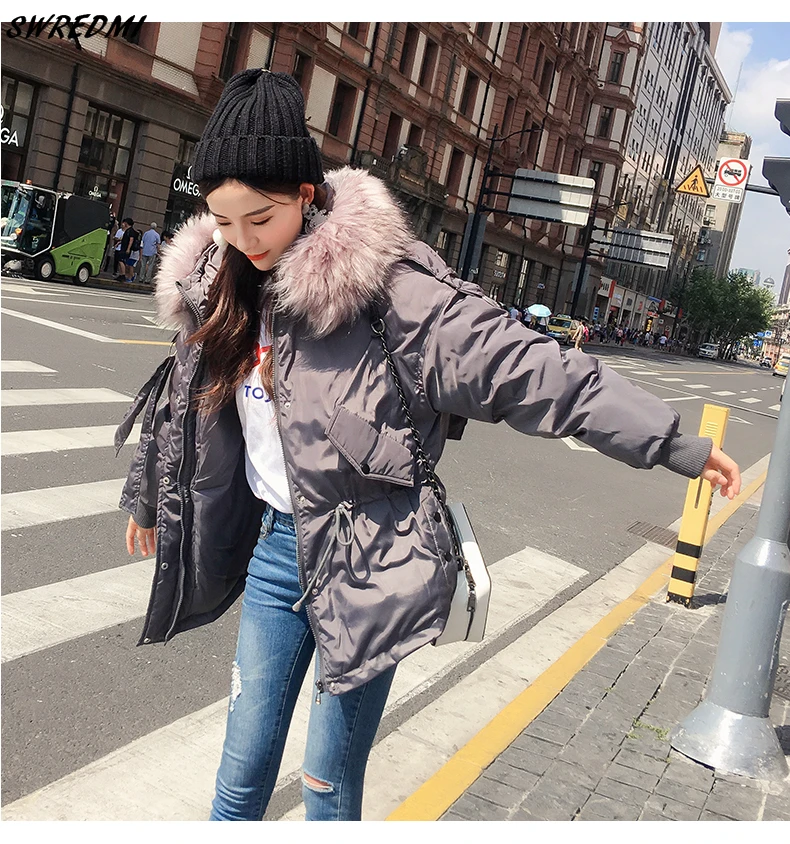 SWREDMI Women Winter Short Jacket Female Hooded Parkas Loose Cotton Padded Coat Mujer Thick Warm Slim Jacket Fur Collar