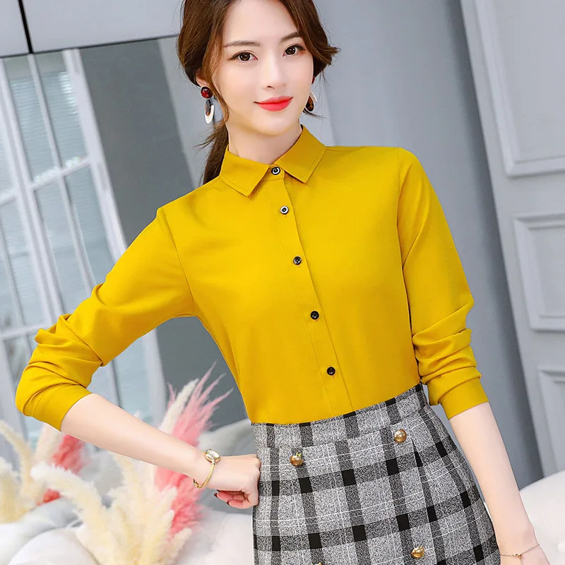 yellow 1 Русская модная леди Бренд топы с длинными рукавами и отворотом белая блузка офисные женские Рабочие блузки модная одежда женские рубашки - Цвет: yellow 1
