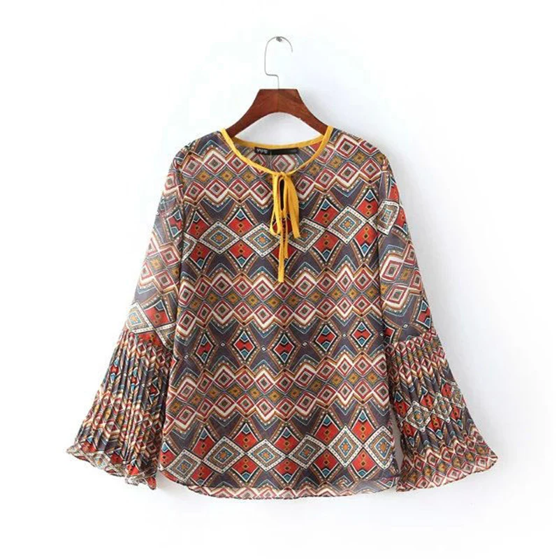 PERHAPS U women boho yellow red bohemian chiffon bow lace up geometric flare sleeve o neck blouse shirt female B0014 |