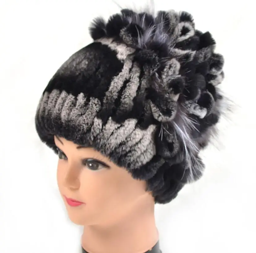 black YC Fur зимние шапки, шапка s для женщин, Прошитые полосы, настоящие шапки из меха кролика Рекс, шапочки, мех серебристой лисы, зимняя теплая шапка, женская шапка - Цвет: black