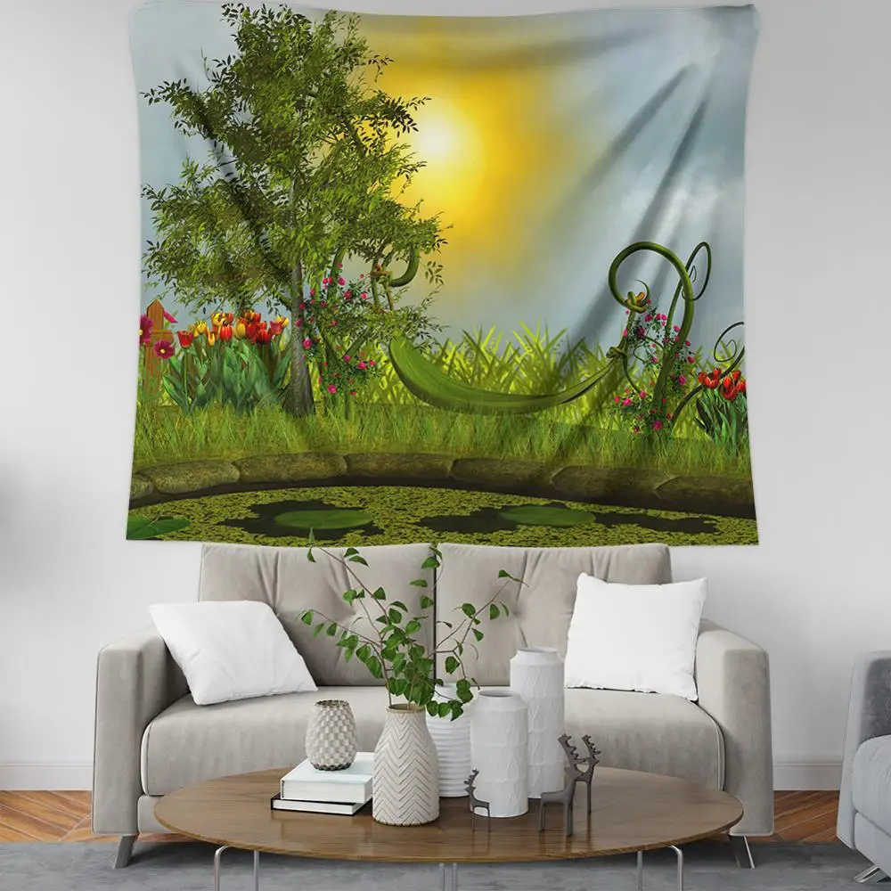 green forest river wall hanging blanket nature grassland carpet tapiz bohemian decor | Дом и сад