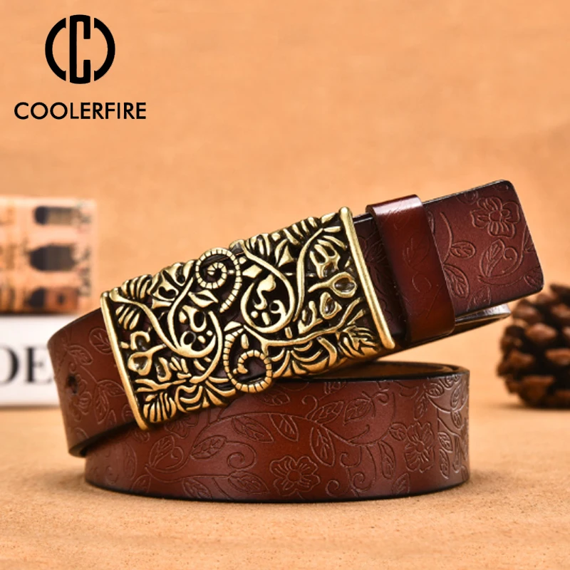 COOLERFIRE Genuine Cowskin Leather Belts For Women Carved Design Retro Metal Women Strap Female High Quality Belts LB015