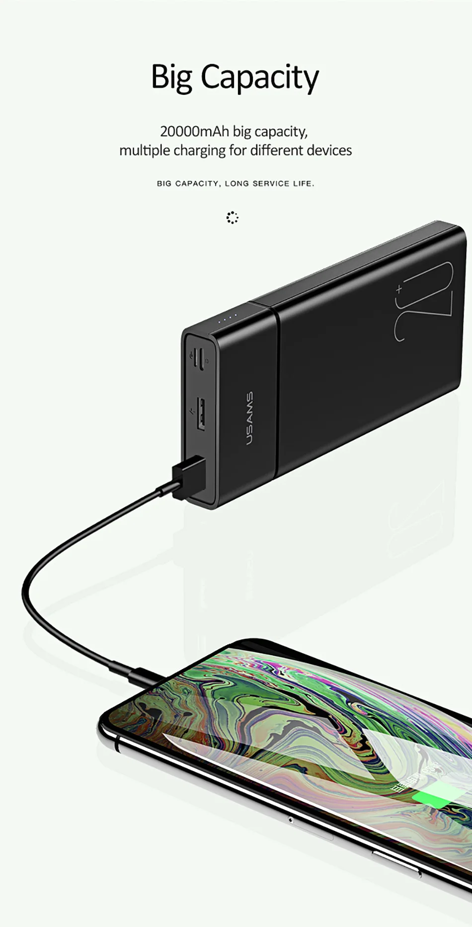 USAMS портативный внешний аккумулятор 20000 мА/ч с двумя портами USB Micro type c внешний аккумулятор тонкий повербанк внешний аккумулятор зарядное устройство для мобильного телефона