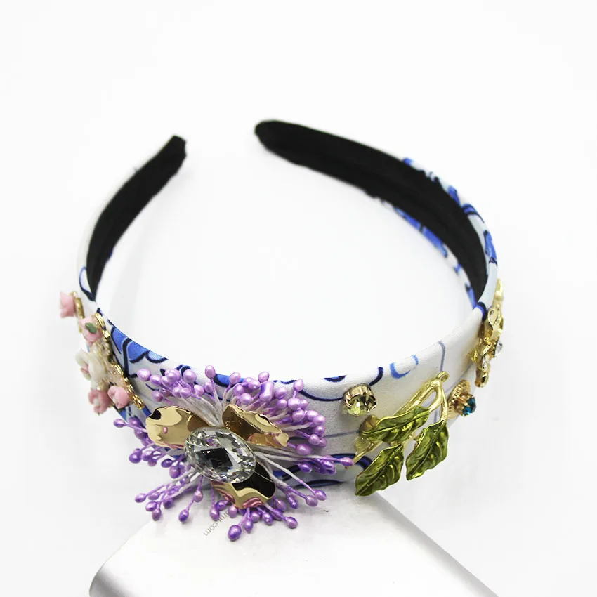 Crystal Hairbands Baroque Crown Retro Cross Purple Pearl Flower Wide Headband Leaves Bridal Headdress Hair Jewelry Accessories | Украшения
