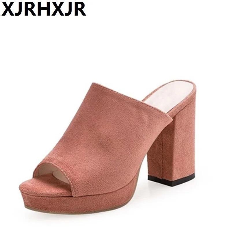 XJRHXJR/обувь из флока на квадратном каблуке; Летние Нескользящие однотонные босоножки; 3 цвета; женская обувь на платформе; модные шлепанцы; пикантные вьетнамки