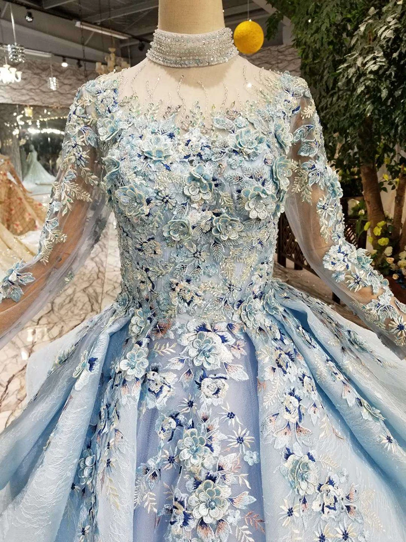 LS320400G blue special dubai puffy party dresses high neck long tulle sleeve lace up back evening dresses can make for muslim