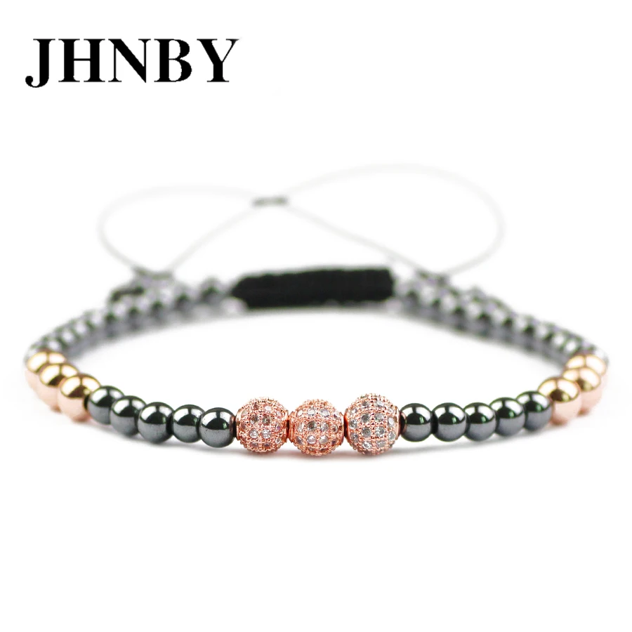 JHNBY Ball 4/5mm Hematite Beads Pave CZ Men Charm Copper Bracelet Rose Gold Color Trendy Women Braided Rope Bangle Jewelry Gift | Украшения