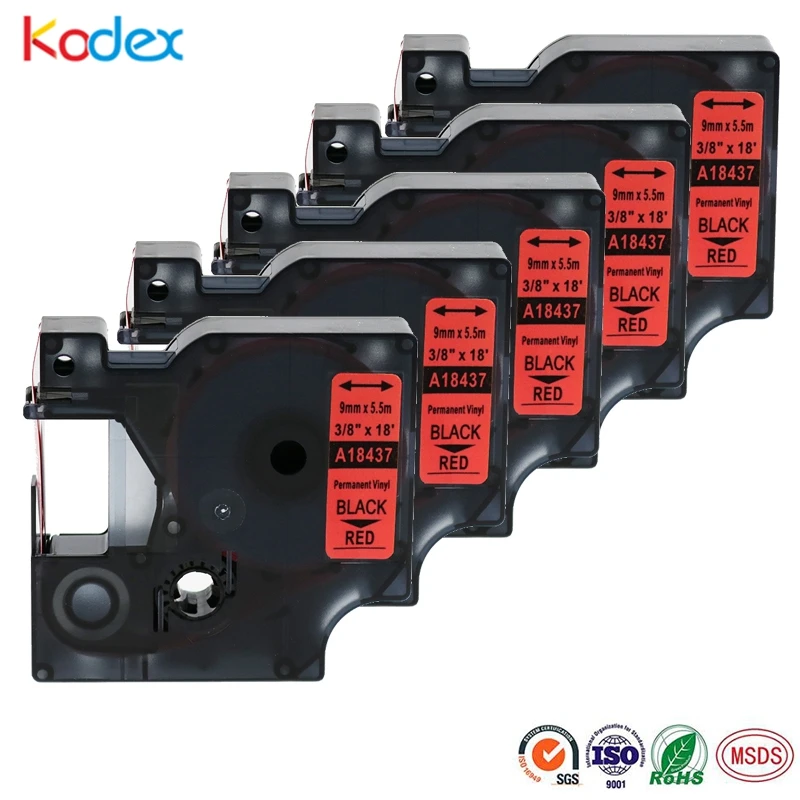 Kodex 5 шт./лот лента Dymo 9 мм совместимый с dymo 18437 этикетки черный на красный