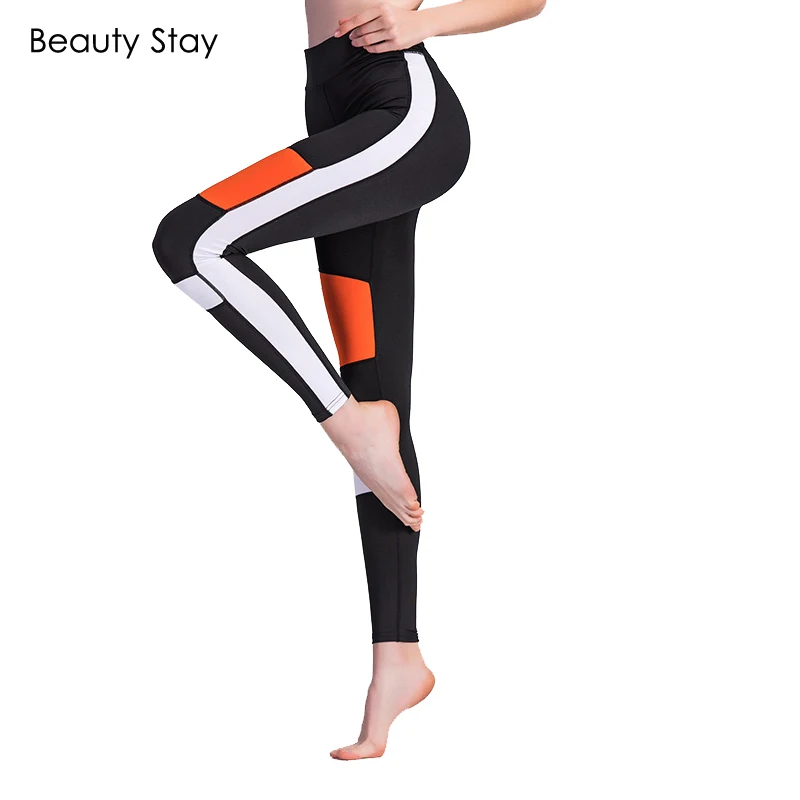 Женские леггинсы для тренировок Beauty Stay черные спортивные брюки с оранжевыми