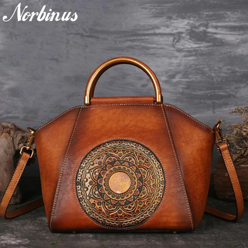 Norbinus Original 100% Genuine Leather Bag Retro Cowhide Women Shoulder Handbags Vintage Manual Painting Crossbody Hobos Bags