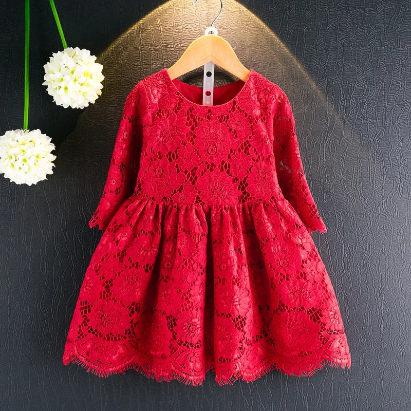 

Dress Girl Princess New Red Lace Dresses for Wedding Party Girls Ball Gown Fashion Hollow Ruffles Beautiful Baby Chlothes 3-8Y