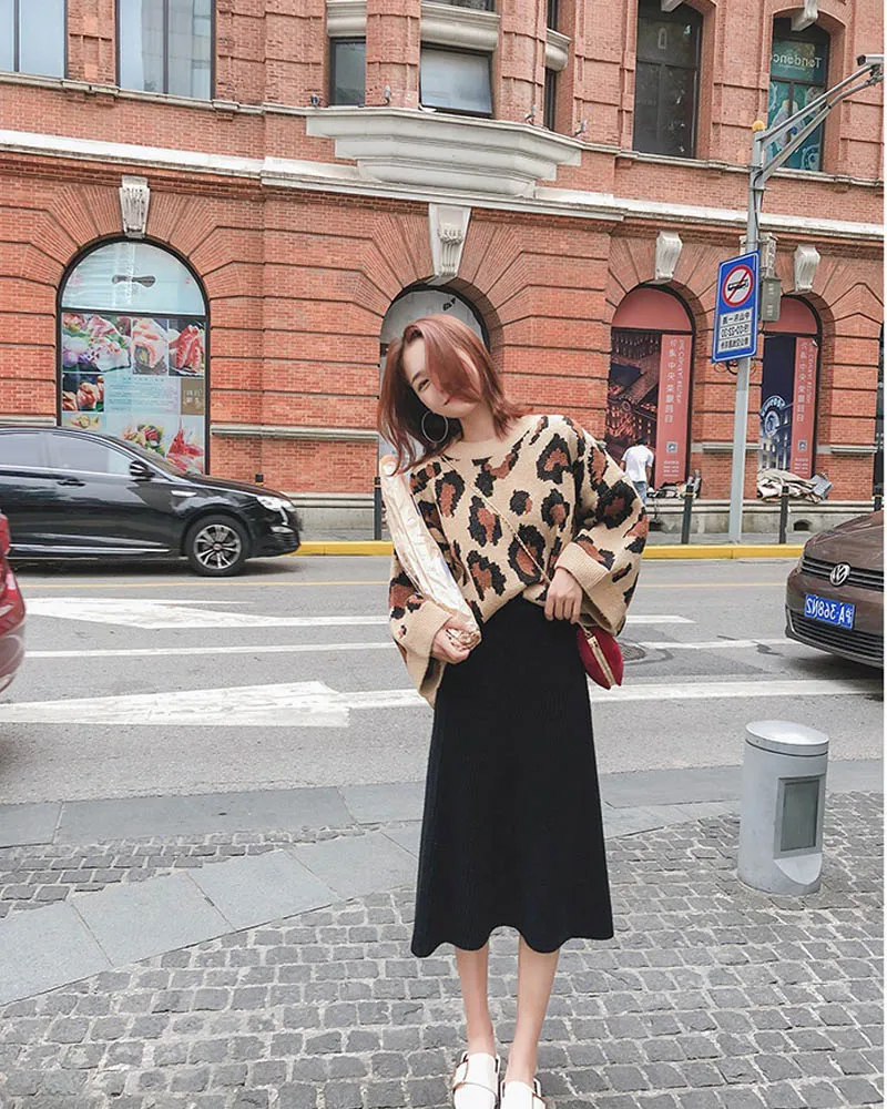 NORMOV Fashion Womens Autumn And Winter New High Waist Long Section Knitted Skirt Wool A Word Skirt Solid Color Casual Skirt