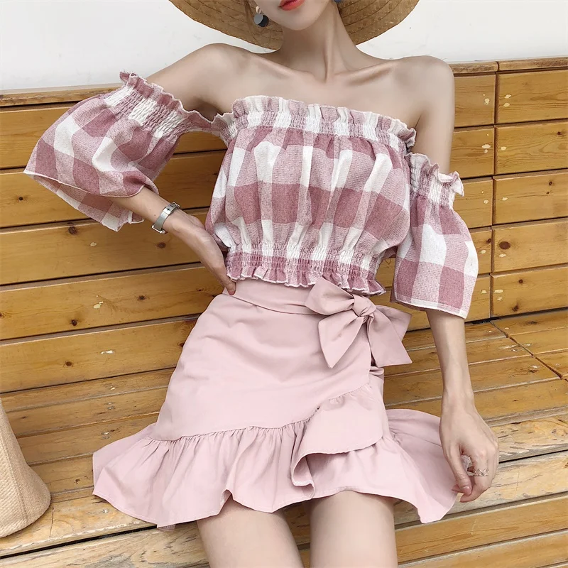 

2019 Women Blouse short summer New Women's Clothing Slash Neck Blouse Lady sweet Tops Woman Comfortable plaid Blouse G574