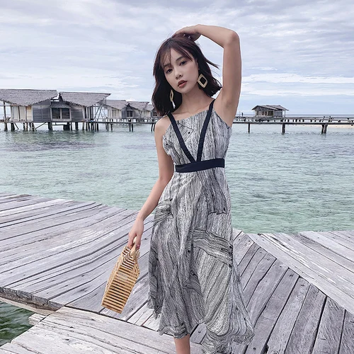 Backless Vacation Vestidos Lace Up Bowknot Summer Dresses Print Spaghetti Strap Beach Dress Mid Long Elegant Fashion Robe Femme | Женская