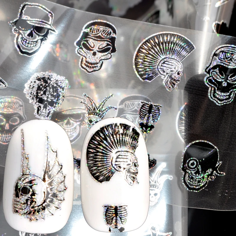 Ногтей Фольга лазерной 3D череп изображение черепа ногтей Наклейки надписи