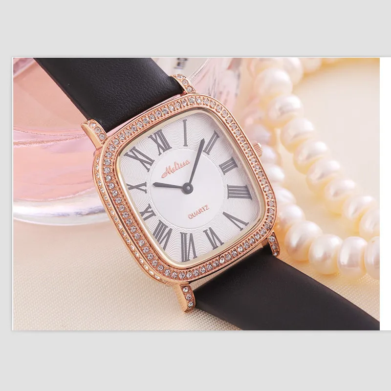 

Melissa Original Brand Women Ultra-thin Watches Vintage Square Wrist watch Leather Quartz Watch Roman Crystals Feminino Montre
