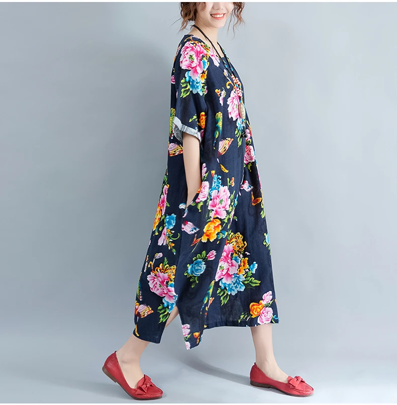 Lagenlook хлопок и лен цветочный джемпер средней длинное платье дамы 2018 Лето 4xl-6XL плюс