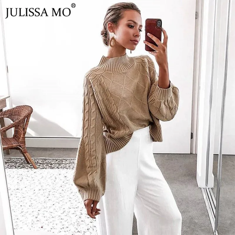Julissa mo, вязаный свитер с рукавом-фонариком, для женщин, Осень-зима, водолазка, свободные пуловеры, повседневные, уличные свитера, женские топы
