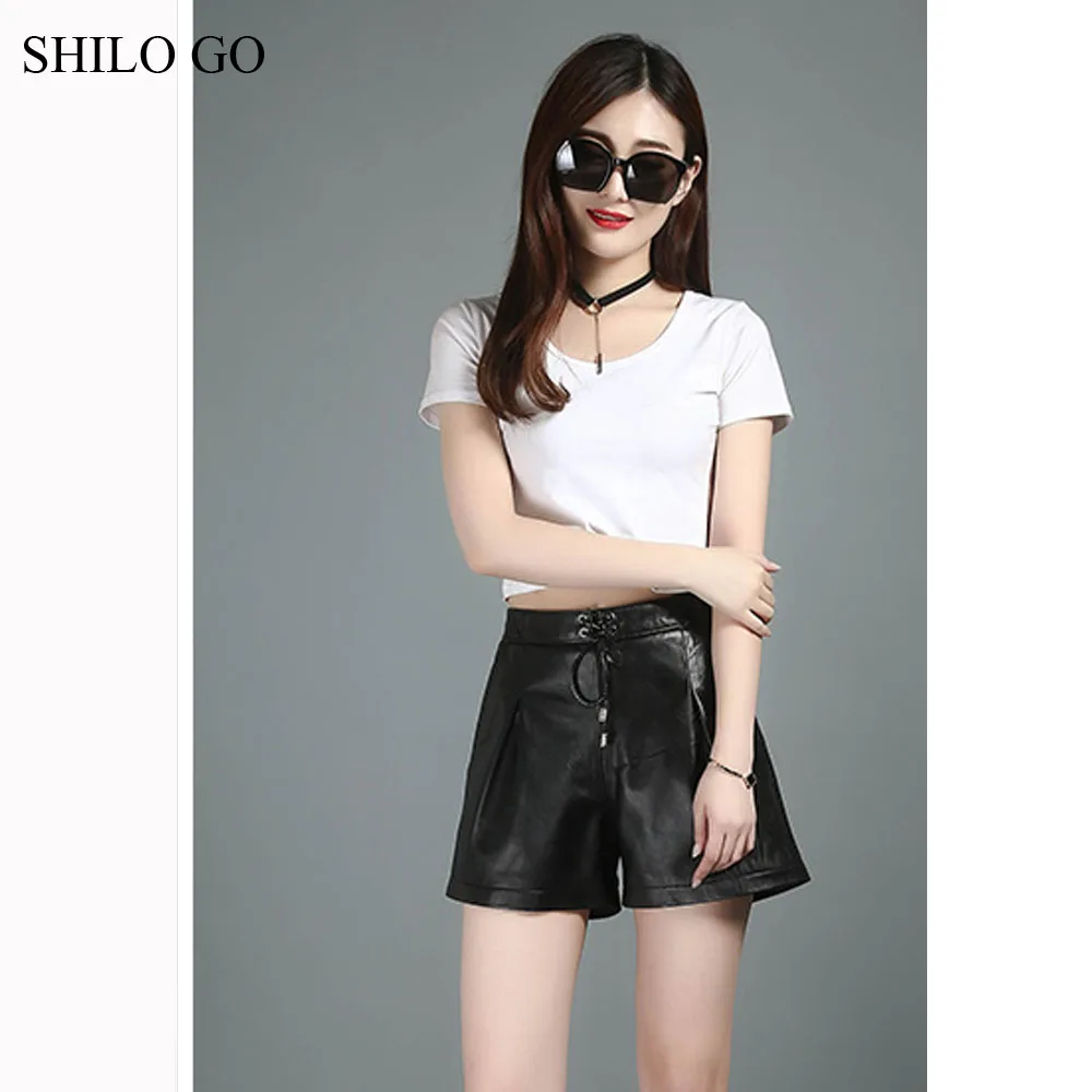 Leather Shorts Womens Autumn Fashion sheepskin genuine leather vintage adjustable high waist wide leg shorts | Женская одежда