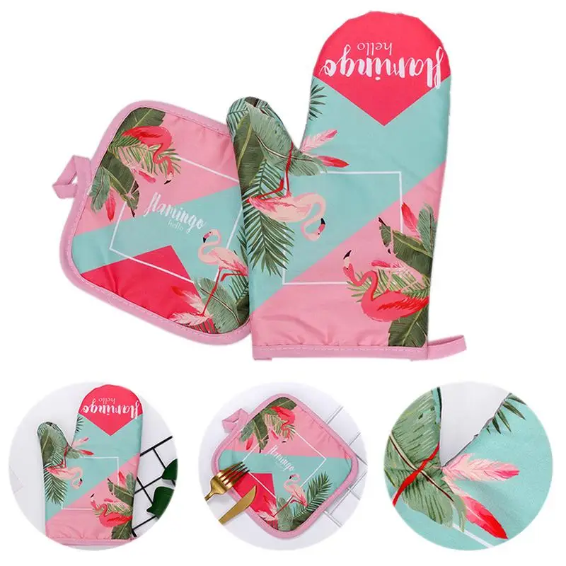 Двухсекционный Фламинго шаблон Прихватки изоляционный коврик хлопок и лен