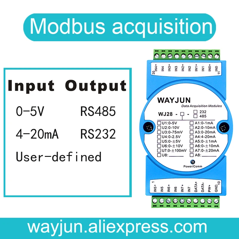 WAYJUN WJ28 8 канальный аналоговый сигнал к RS485/232 дистанционный IO модуль с Modbus 4 20mA 0 10