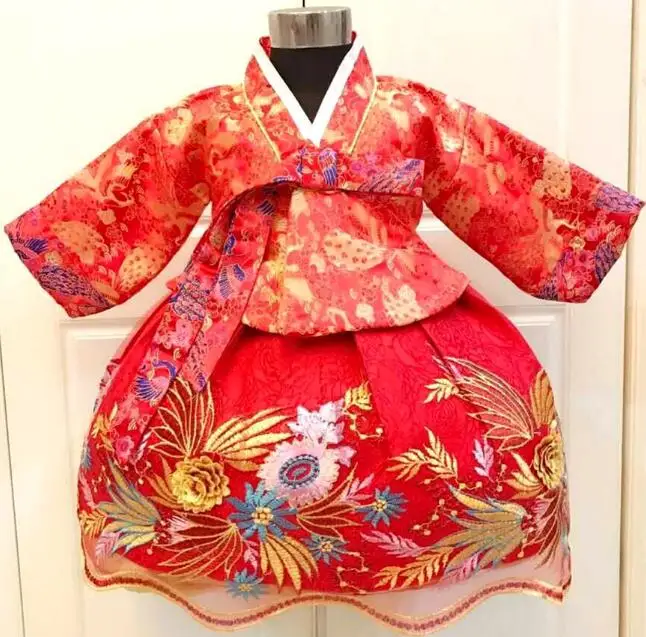 Girls Korean Hanbok Winter Children Dress Phoenix Embroidery Red Chinese New Year Baby