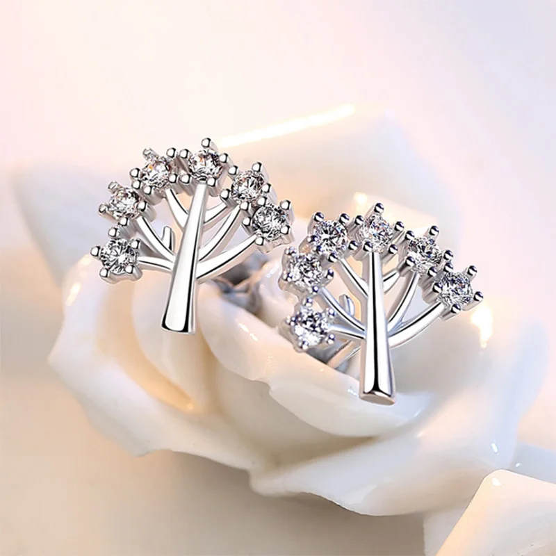 SaiSee Wishing Tree AAA CZ Stone Stud Earrings for Women White Gold Color Cubc Zirconia Female Fashion Jewelry Brincos | Украшения и