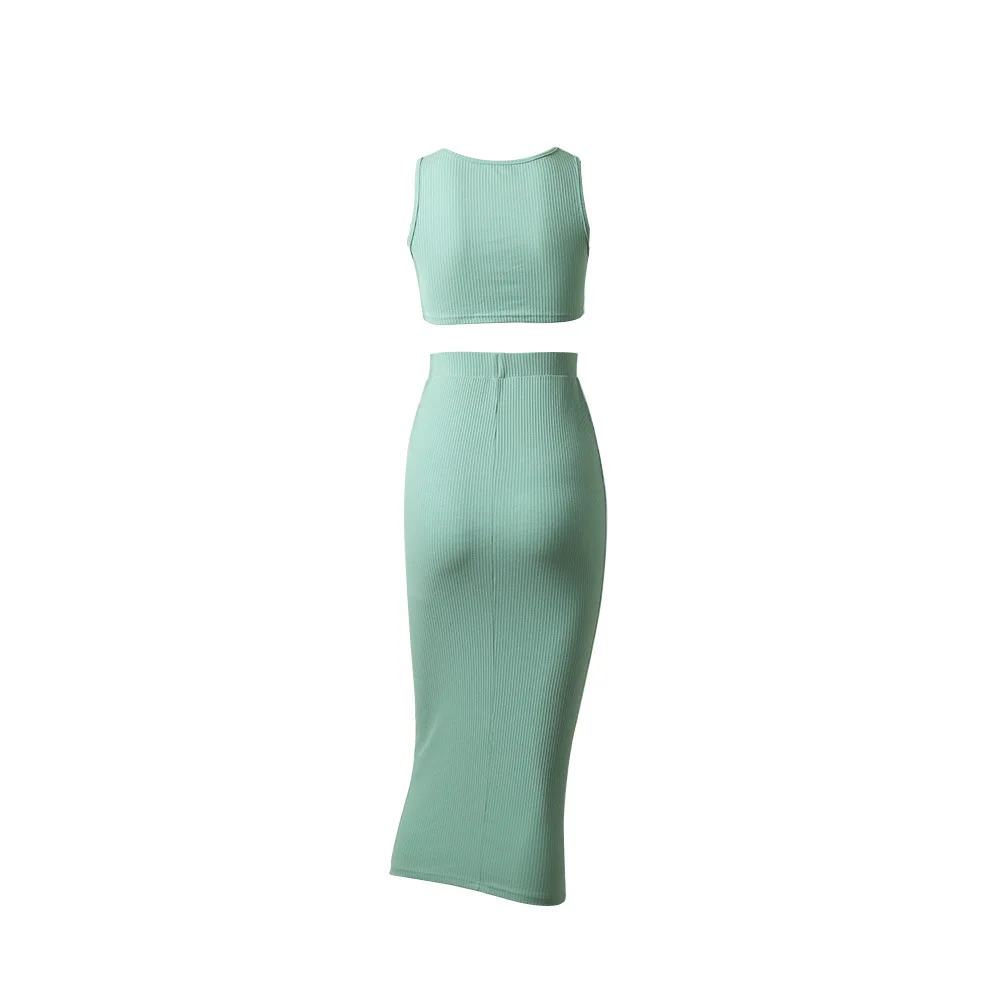 Female Casual Summer Green 2 Piece Set Cropped Bralette Top Long Skirt Fashion 2019 Sexy Women Party Suit Plus Size | Женская одежда