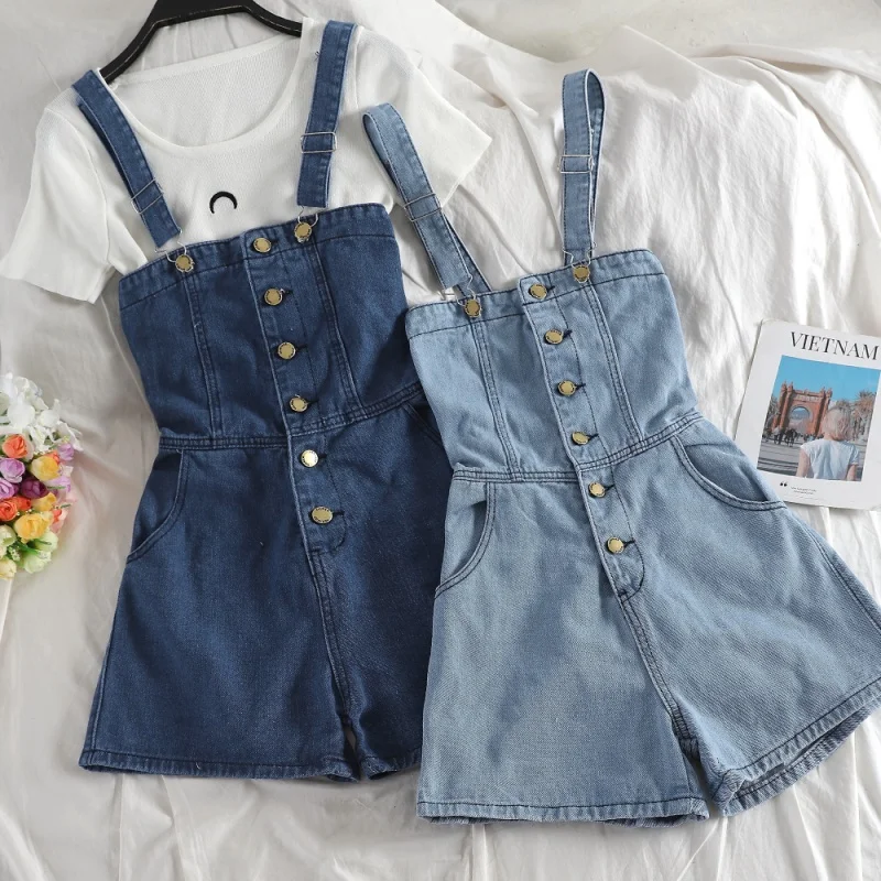 Sexy Denim Overalls Women Summer Buttons Up Playsuit Jeans Romper Combinaison Female Elegant Jumpsuit Femme Jean Shorts Bodysuit