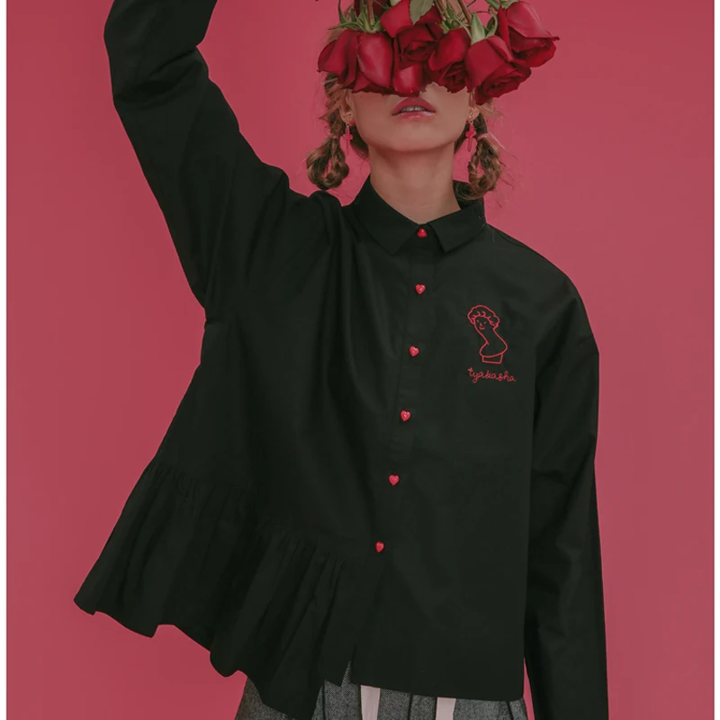 Женская хлопковая рубашка с короткими сердечками и пуговицами Harajuku Черная