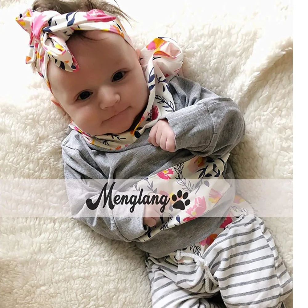 Oklady Baby Girl Outfits Florals Hoodie Top with Pocket Striped Long Pants and Headband Clothes Set | Детская одежда и обувь