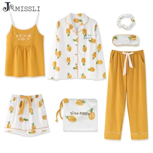 Пижамный комплект JRMISSLI женский из 7 предметов, одежда для сна с принтом желтого ананаса, домашняя одежда из хлопка, пижамный комплект, 2021