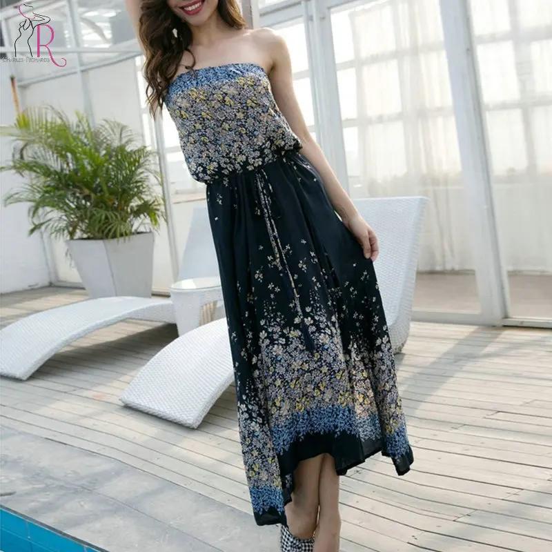 Три цвета Boho контрастный бандо шнурок талии Сплит Сторона Макси платье для