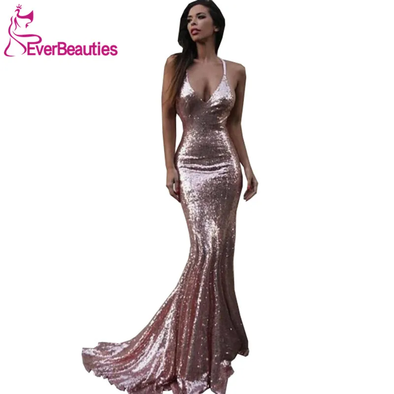 

Robe De Soiree Mermaid Evening Dress Long 2020 Spaghetti Straps V-Neck Sequins Elegant Formal Dress Side Slit Vestido De Festa