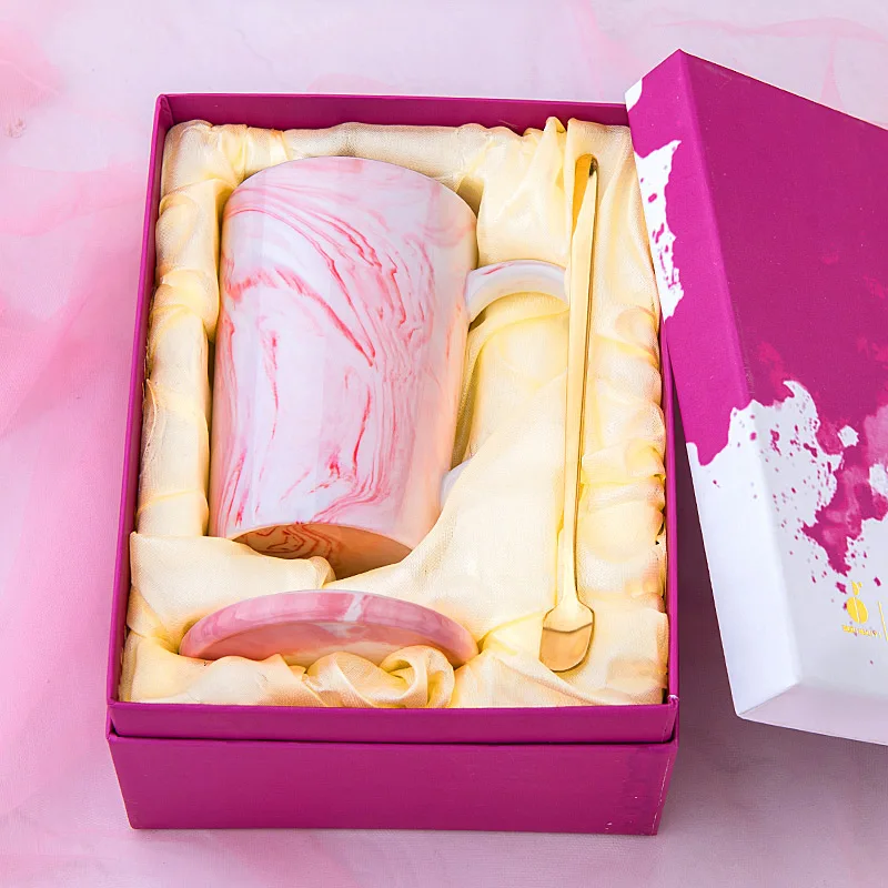 Мраморная пустая кружка с настоящим золотым ободком, одна кружка, одна крышка и одна ложка для одного набора, костюм для подростков, упаковка с подарочной коробкой - Цвет: Pink blank