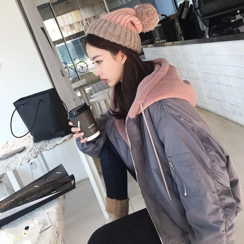 2019 New Women's Winter Cotton Jacket Harajuku S Hooded Lamb Wool Pink Zipper Baseball Coat Pockets Chaqueta De Mujer AC121 | Женская