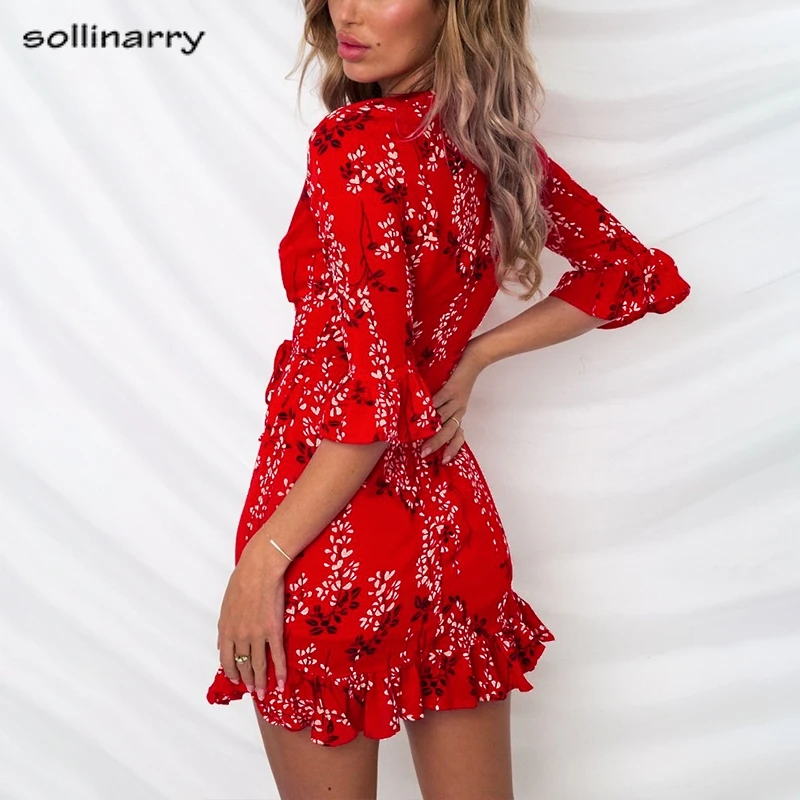 Sollinarry 2019 красное сексуальное летнее платье с рукавом-бабочкой v-образный вырез